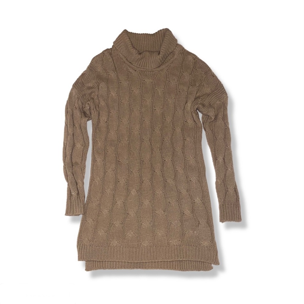 Tan Cozy Casual Long Sleeve Sweater Dress with Turtle Neck